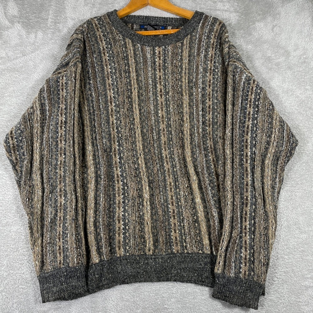 Architect Sweater Mens Large Brown Gray Striped Wool Blend Retro Textured‎ Knit